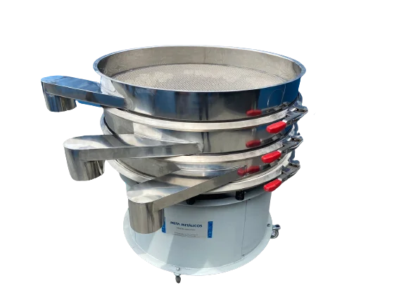 Peneira vibratória circular Meta Metálicos em aço inox, com decks sobrepostos e presilhas de fixação