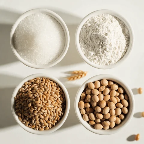 Açúcar, farinha, trigo e soja em tigelas — granulados peneirados no setor alimentício